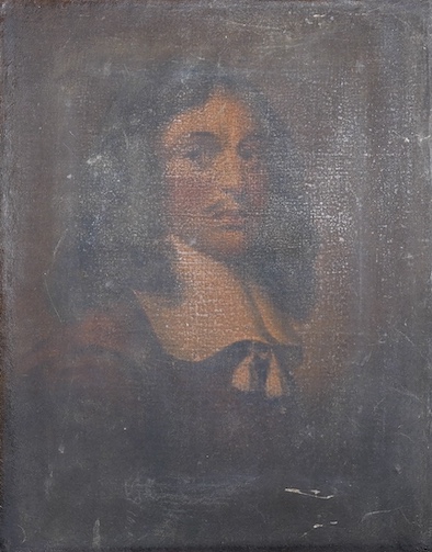 18th / 19th century English school, oil on canvas, portrait of a 17th century gentleman, unframed, 29 x 23cm. Condition - very dirty, stretcher in need of repair